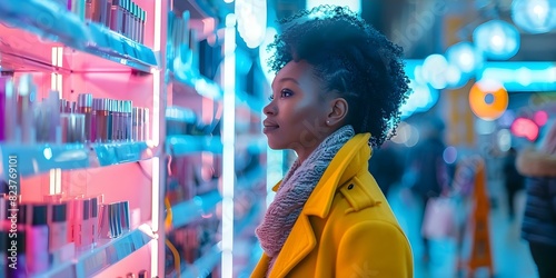 Shopping for makeup under neon lights: A black woman in a yellow coat. Concept Makeup Shopping, Neon Lights, Black Woman, Yellow Coat