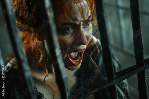 Red-haired woman witch in a cage, medieval punishment of the Inquisition concept. Woman screaming, expressive emotion