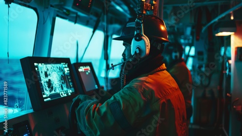 A team of hydrographers on a research vessel, using advanced equipment to map the ocean floor.