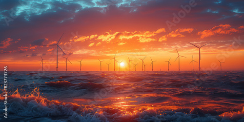Off shore wind turbine farm at sunrise looking out over the ocean