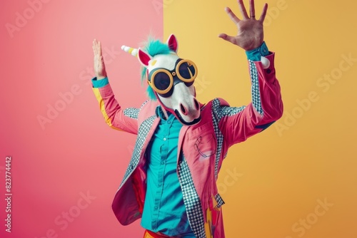 Freak in horse mask dancing, masquerade, absurd carnival, having fun in costume party, weird mask head