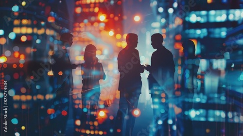 Silhouettes of business people standing in group and talking during meeting against night city background with double exposure effect