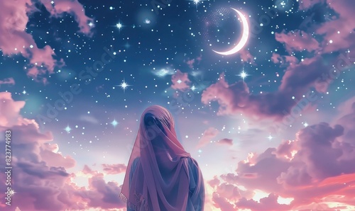 A girl wearing a hijab, standing with her back turned and looking at the crescent moon in the sky full of stars