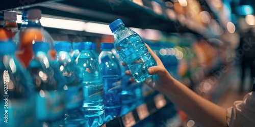  Woman's hand taking a blue water bottle from a shelf in a supermarket, with a blurred background.