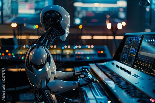 An AI robot produces a beautiful melody on a synthesizer. The robot is in a state of euphoria as it creates.
