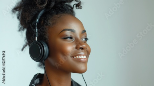 Modern and cool american woman listening music on headphones with smiley and happy attitude