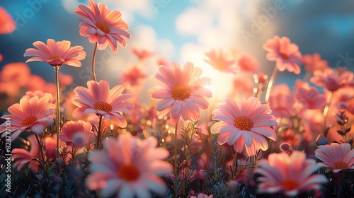A field of pink flowers with the sun shining on them. The flowers are in full bloom and the bright colors create a cheerful and uplifting mood