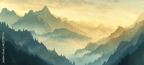 Illustrate a serene panoramic view of a misty mountain range at dawn