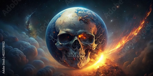 A powerful image of a skull-shaped planet Earth covered in pollution, symbolizing the urgent need to save the planet before it's too late