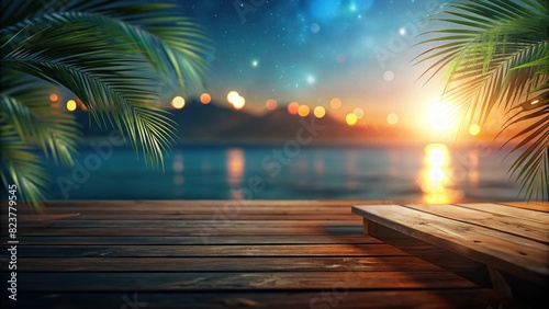 Abstract composition of a wooden plank on a summer table overlooking the sea, with palm leaves and defocused bokeh lights in the background 