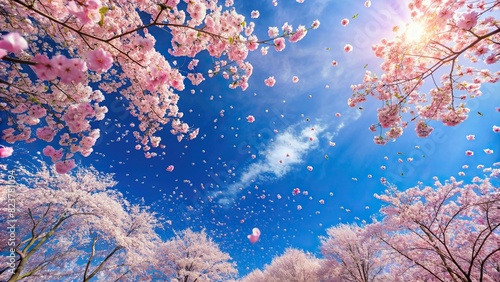 Beautiful blue sky with cherry blossom petals falling gracefully