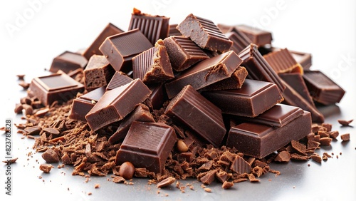 Chopped and milled chocolate pieces isolated on background for food and dessert designs