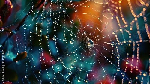 Rain drops on a spider web. Morning dew droplets on a spider web 