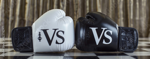 Sleek white and deep black boxing gloves with a chess theme, with "VS" letters styled as chess pieces, set against a chessboard background.