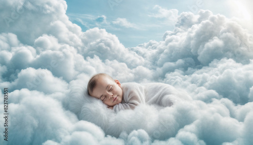 Sonno Celestiale- Un Bimbo Addormentato su Soffici Nuvole Bianche