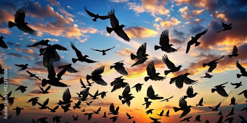 Collection of black bird silhouettes in various flying positions on a background