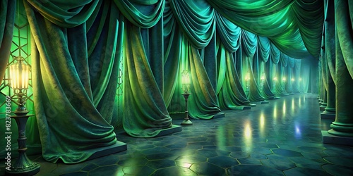 Collection of elegant long green velvet curtains with pleats on background