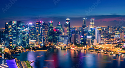 Singapore Skyline and view of skyscrapers on Marina Bay at sunset.