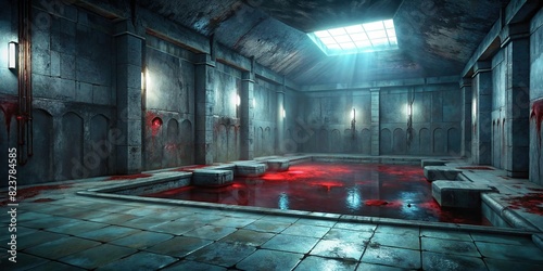 Desolate concrete chamber filled with pools of blood 