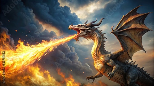 Dragon breathing fire isolated on background