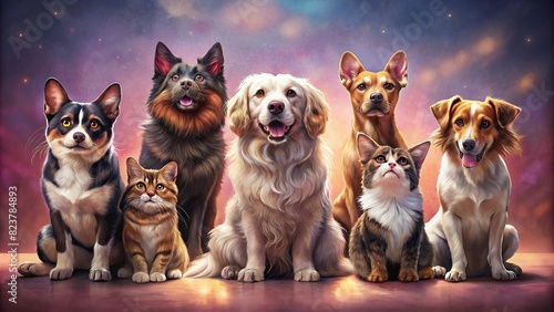 Dogs and cats of various breeds sitting in a row for a portrait against a pink backdrop at an animal shelter