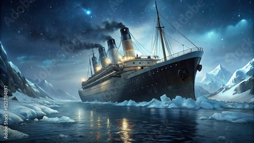 Dramatic stock photo depicting the sinking of the RMS Titanic in the icy waters of the North Atlantic Ocean 