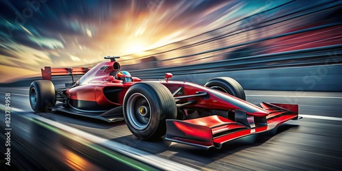 Dynamic side view of a red and black Formula 1 race car with motion blur