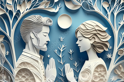 Couple praying together illustration, paper cut style, religious people, faith, meditation, miracles, christian