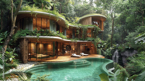 Serene eco-resort haven embraced by vibrant rainforest, epitomizing sustainable luxury.