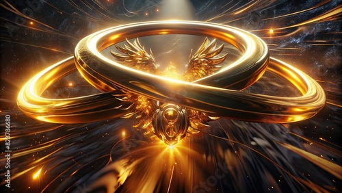 Golden halo angel ring with abstract light lines of movement and speed 