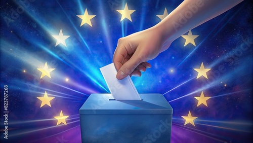 Hand placing ballot in EU flag background for democratic voting