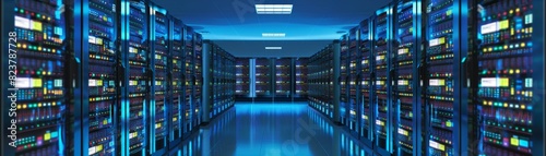 Futuristic data center with rows of illuminated server racks. High-tech computing environment with advanced networking equipment.