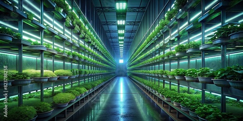 Indoor vertical farm facility with rows of leafy greens and herbs growing vertically, using sustainable farming practices for urban agriculture 