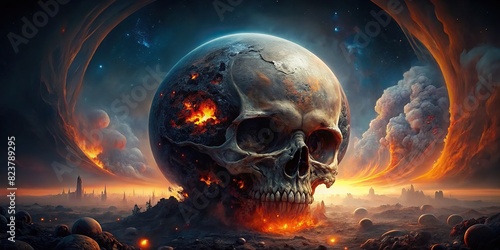 A powerful image of a skull-shaped planet Earth covered in pollution, symbolizing the urgent need to save the planet before it's too late