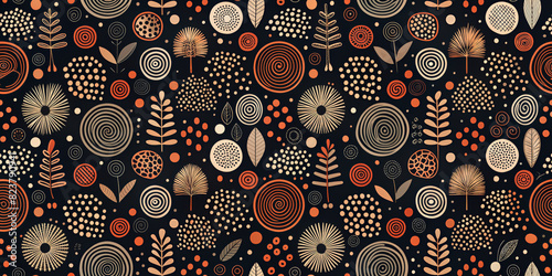 A multitude of abstract botanical shapes and patterns are set against a dark background, with contrasts of warm tones creating a sense of rhythm and repetition, leaves, flowers, geometric patterns.AI 
