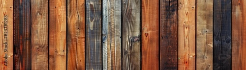 Wooden planks in various colors and textures arranged vertically. Ideal for backgrounds, wallpapers, and design projects.