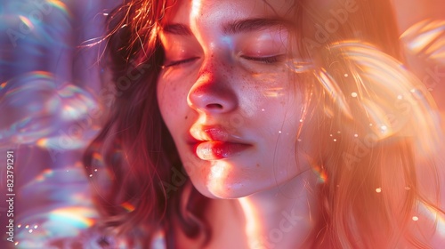 Young woman with closed eyes in dreamy, ethereal light. Soft colors and gentle hues evoke a sense of calm and introspection.