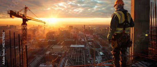 Construction worker standing on a building under construction and looking at the sunset.