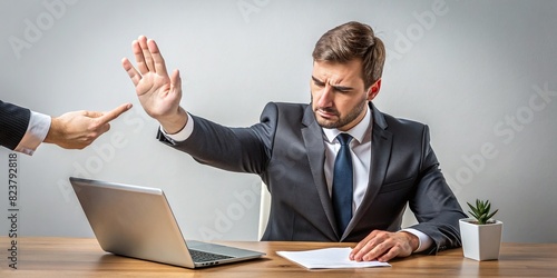 Businessman rejecting work tasks in a dominant manner 