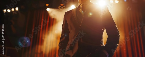 Closeup shot of a presenter standing on a formal stage, highlighted by a single spotlight
