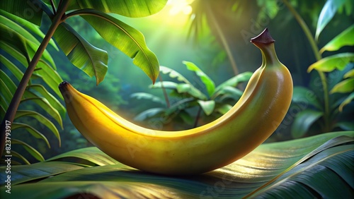 Close-up of a ripe, yellow banana with a curved shape, long in size, peeled, and placed on a tropical setting with leafy green banana trees in the background