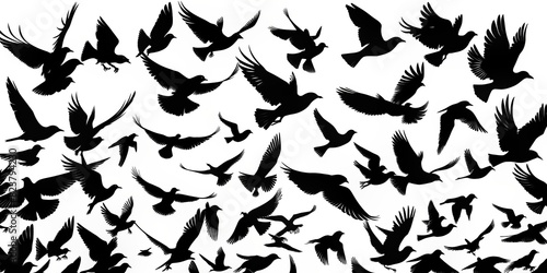 Collection of black bird silhouettes in various flying positions on a background
