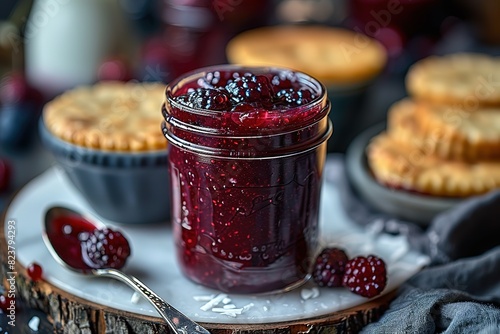 A jar of blackberry jam sits on a wooden table next to a bowl of blueberry pie