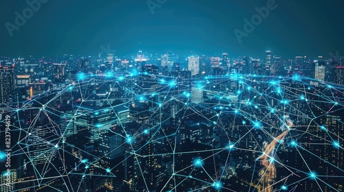 Photo of a big data network connection with a city skyline at night, depicting a digital technology concept background. Wide angle lens with natural lighting.