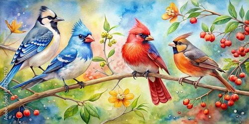 Colorful watercolor s of wild birds including robins, blue jays, and cardinals 