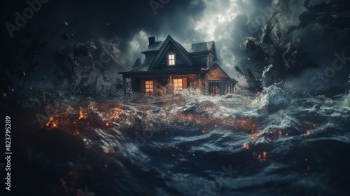 A house figure drowning in water, natural disasters and floods concept background 