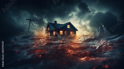 A house figure drowning in water, natural disasters and floods concept background 