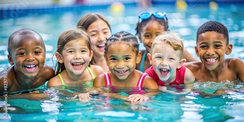 Water Safety Diverse group of young children smiling and having fun while learning swimming lessons in pool 
