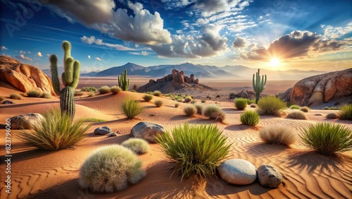 Dry desert scene with isolated plants and rocks on background banner