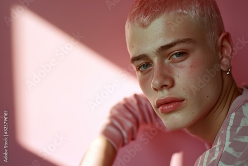 Artistic shot of a young individual with a buzz cut, highlighted by a pink triangular light